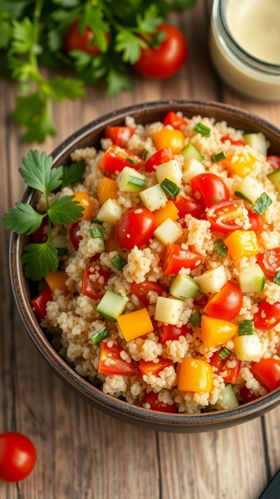 A colorful quinoa salad bowl with cherry tomatoes, cucumber, bell pepper, and vinaigrette dressing on a rustic table.